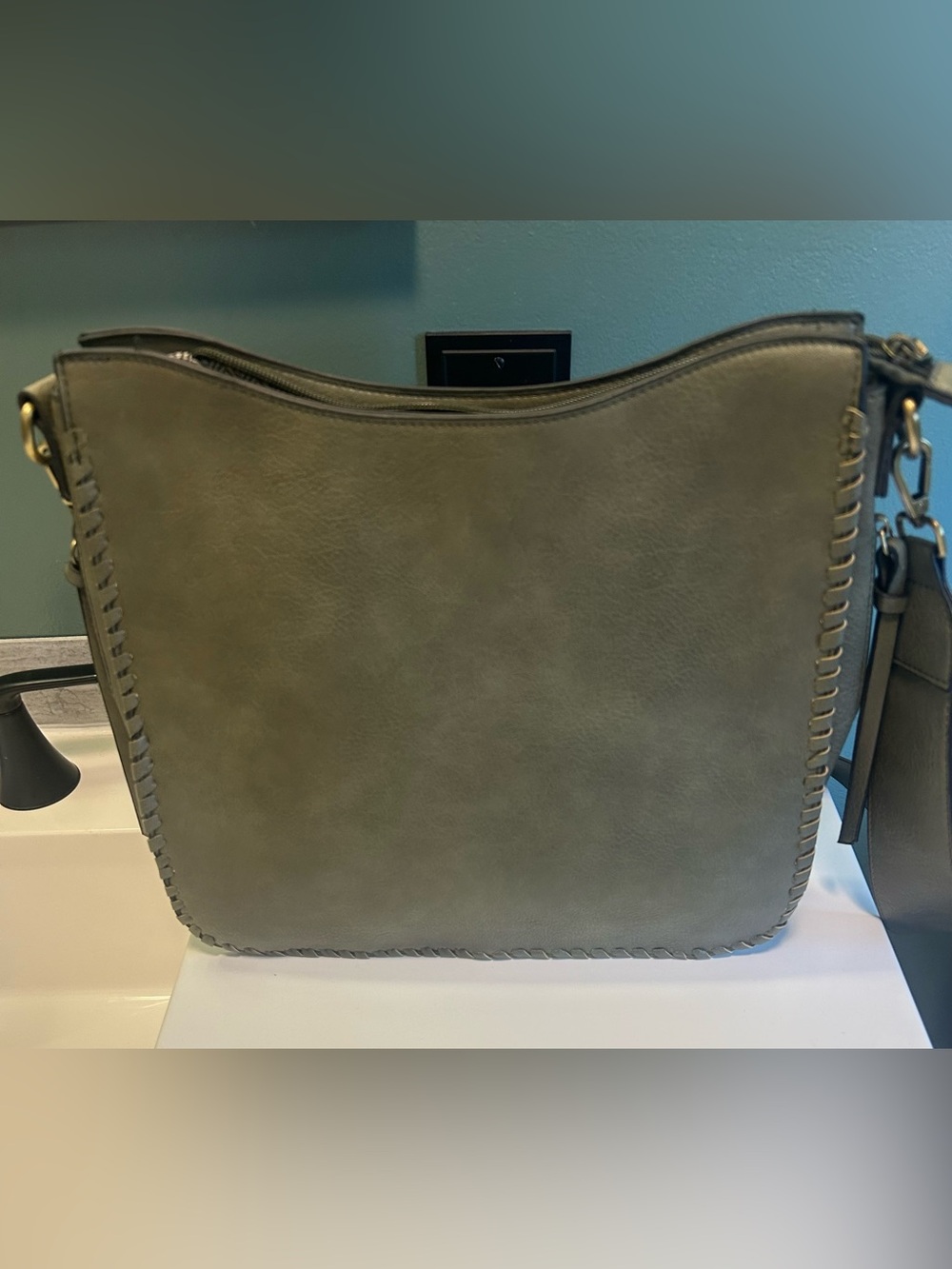 Olive Green Women's Shoulder Bag with Whipstitch Trim